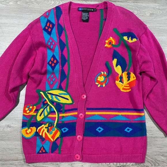 Vintage IB Diffusion Bright Bold Colorful Cardigan Large Sweater - Picture 3 of 5